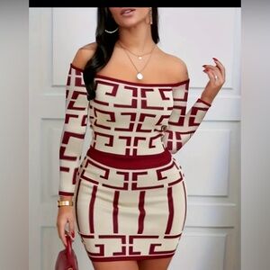 Elegant Off-Shoulder Burgundy and Cream Skirt Set